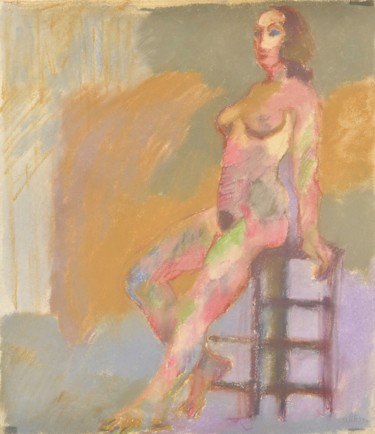 Dessin intitulée "Femme Nue Assise" par Amos Zelikson, Œuvre d'art originale, Pastel