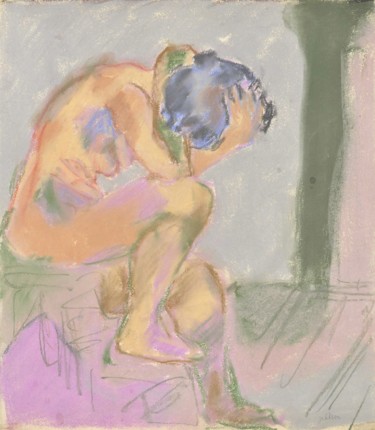 Dessin intitulée "Femme Nue Assise" par Amos Zelikson, Œuvre d'art originale, Pastel