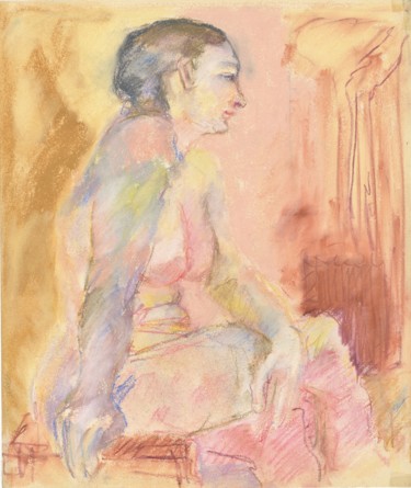 Dessin intitulée "Femme Nue Assise" par Amos Zelikson, Œuvre d'art originale, Pastel
