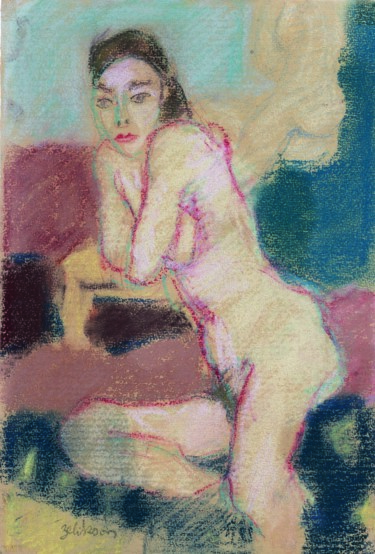 Dessin intitulée "Femme Nue Adossée" par Amos Zelikson, Œuvre d'art originale, Pastel