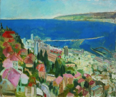 Peinture intitulée "La baie de Haifa" par Amos Zelikson, Œuvre d'art originale, Huile