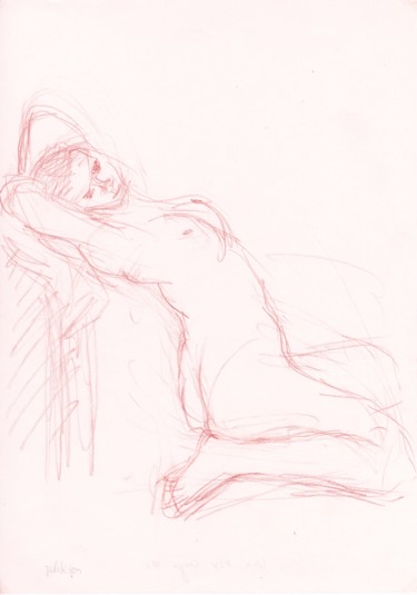 Drawing titled "Femme Nue Adossée" by Amos Zelikson, Original Artwork, Pencil