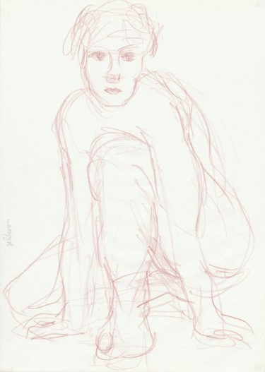 Desenho intitulada "Femme Nue Accroupie" por Amos Zelikson, Obras de arte originais, Lápis