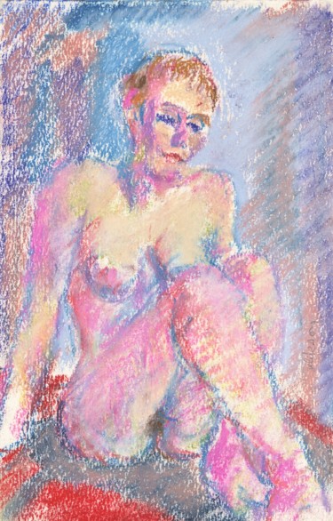 Dessin intitulée "Femme Nue Assise" par Amos Zelikson, Œuvre d'art originale, Pastel