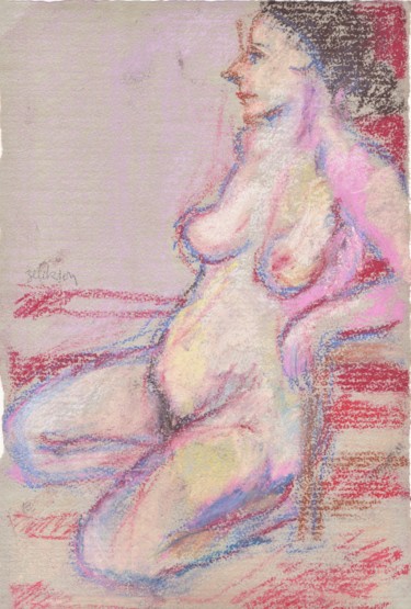 Dessin intitulée "Femme Nue Adossée" par Amos Zelikson, Œuvre d'art originale, Pastel