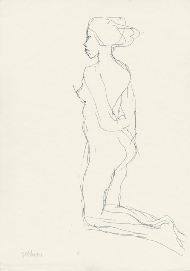 Dessin intitulée "E21 Femme Nue Ageno…" par Amos Zelikson, Œuvre d'art originale, Encre