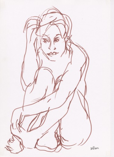 Dessin intitulée "M03  Femme Nue Assi…" par Amos Zelikson, Œuvre d'art originale, Marqueur