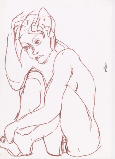 Zeichnungen mit dem Titel "M01 Femme Nue Assise" von Amos Zelikson, Original-Kunstwerk, Marker