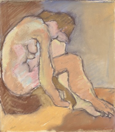 Dessin intitulée "P25 Femme Nue Assise" par Amos Zelikson, Œuvre d'art originale, Pastel