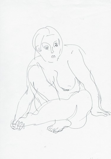 Drawing titled "E30 Femme Nue Asise" by Amos Zelikson, Original Artwork, Ink