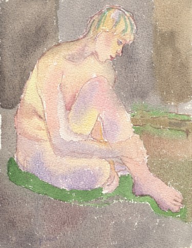 Pintura intitulada "A33 Femme Nue Assise" por Amos Zelikson, Obras de arte originais, Aquarela