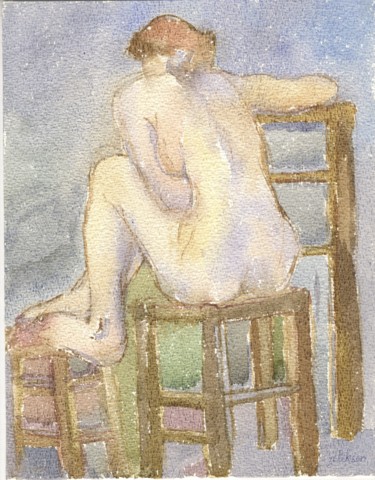 Painting titled "A34 Femme Nue Assis…" by Amos Zelikson, Original Artwork, Watercolor