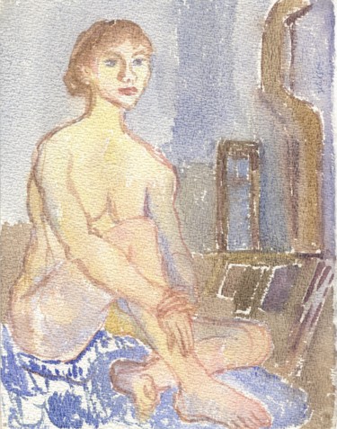 Painting titled "A35 Femme Nue Assise" by Amos Zelikson, Original Artwork, Watercolor