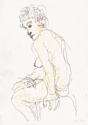 Dessin intitulée "E31 Femme Nue Assise" par Amos Zelikson, Œuvre d'art originale, Encre