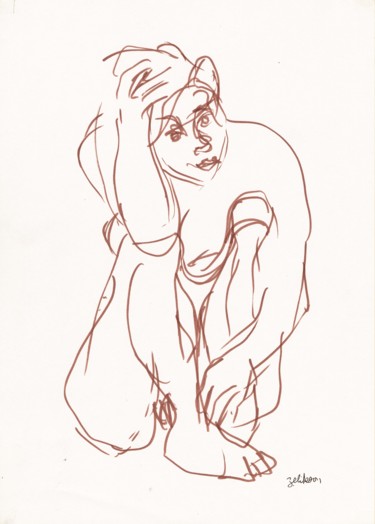 Tekening getiteld "M04 Femme Nue Assise" door Amos Zelikson, Origineel Kunstwerk, Marker