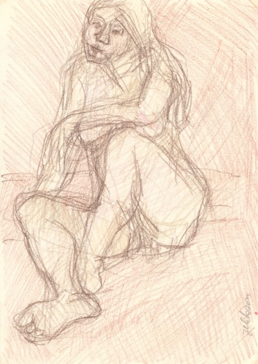 Dessin intitulée "C05 Femme Nue Assise" par Amos Zelikson, Œuvre d'art originale, Crayon