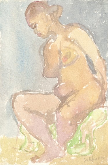 Painting titled "A47 Femme Nue Assise" by Amos Zelikson, Original Artwork, Watercolor