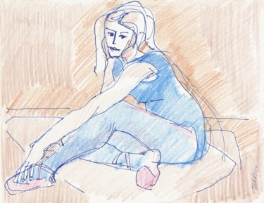 Dessin intitulée "E32 Femme Assise" par Amos Zelikson, Œuvre d'art originale, Crayon
