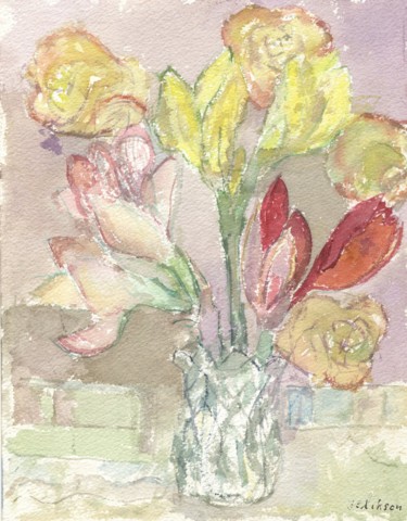 Painting titled "A58 Bouquet de Rose…" by Amos Zelikson, Original Artwork, Watercolor