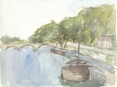 Peinture intitulée "A56 Paris : Péniche…" par Amos Zelikson, Œuvre d'art originale, Aquarelle