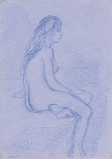 Zeichnungen mit dem Titel "C08 Femme Nue Assise" von Amos Zelikson, Original-Kunstwerk, Bleistift