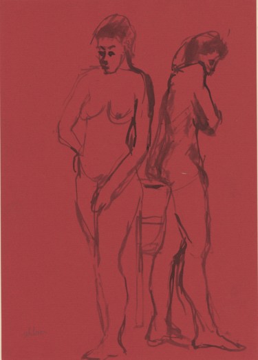 Рисунок под названием "E42 Deux Femmes Nue…" - Amos Zelikson, Подлинное произведение искусства, Чернила
