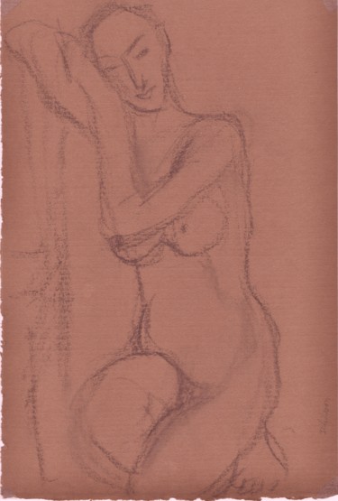 Dessin intitulée "F02 Femme Nue Adoss…" par Amos Zelikson, Œuvre d'art originale, Fusain