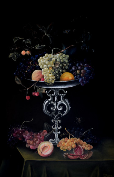 Painting titled "Nature morte raisins" by Petya Shopova, Original Artwork, Oil