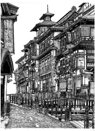 Drawing titled "Ginzan Onsen, Yamag…" by Shorove, Original Artwork, Ink