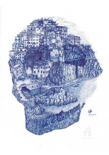 Drawing titled "Cinque Terre, Italy" by Shorove, Original Artwork, Gel pen