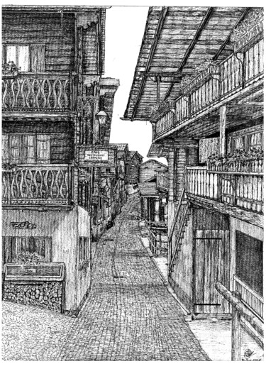 Drawing titled "Wooden houses from…" by Shorove, Original Artwork, Ink