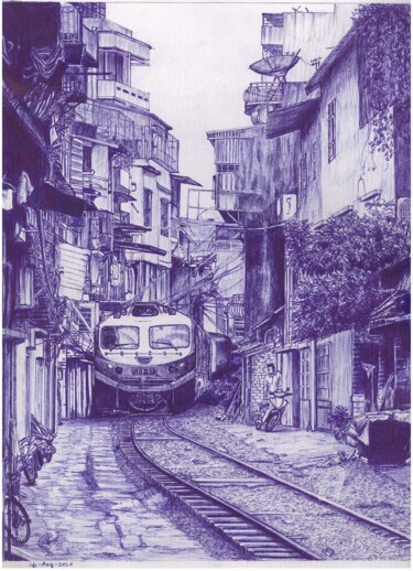 Drawing titled "Hanoi Train Street,…" by Shorove, Original Artwork, Ballpoint pen