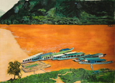 Painting titled "Des bateaux sur le…" by Shoujie Sun, Original Artwork, Watercolor