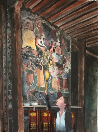 Pintura intitulada "Une peinture murale…" por Shoujie Sun, Obras de arte originais, Aquarela