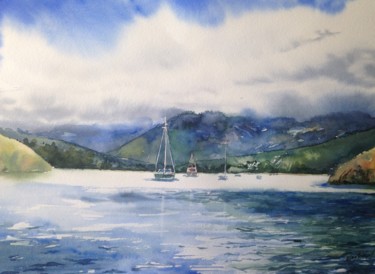 Painting titled "Sea ​​and boats" by Alexandra Shrayner, Original Artwork, Watercolor