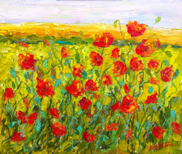 Painting titled "«Poppies near the r…" by Artem Shubin, Original Artwork, Oil