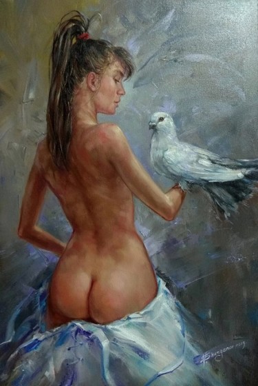 Schilderij getiteld "Girl and pigeon" door Vladislav Shurganov, Origineel Kunstwerk, Olie