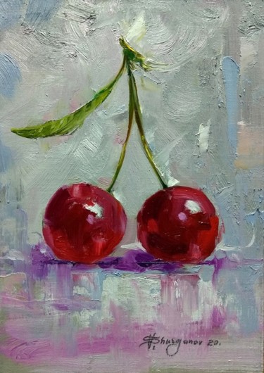 Painting titled "Two cherries on whi…" by Vladislav Shurganov, Original Artwork, Oil