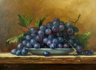 Painting titled ""Grapes on a plate"" by Vladislav Shurganov, Original Artwork, Oil