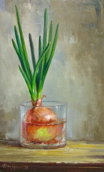 Painting titled "Sprouted onions" by Vladislav Shurganov, Original Artwork, Oil