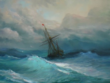 Ζωγραφική με τίτλο "Ship in stormy sea" από Vladislav Shurganov, Αυθεντικά έργα τέχνης, Λάδι
