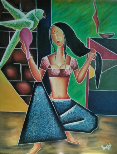 Painting titled "Woman with Mirror" by Shweta Singh, Original Artwork, Oil