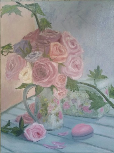 Картина под названием "Букет роз" - Александр Васильев, Подлинное произведение искусства, Масло Установлен на Деревянная рам…