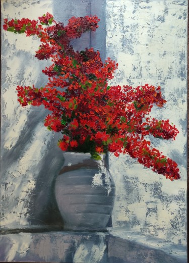 Картина под названием "Красные цветы на бе…" - Александр Васильев, Подлинное произведение искусства, Масло Установлен на Дер…
