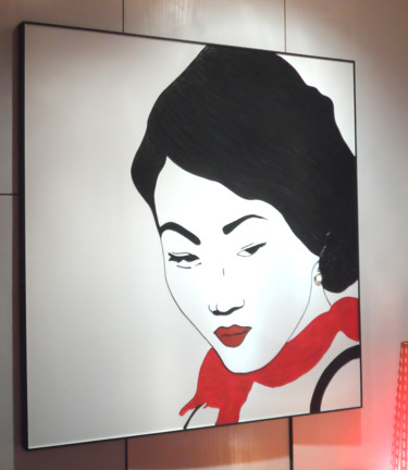 绘画 标题为“MYSTERIOUS MEE  Red” 由Max Rubio, 原创艺术品, 彩绘玻璃 安装在木板上