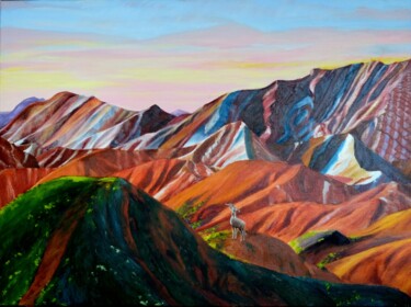 Pittura intitolato "The Flaming Mountain" da Sy Chan, Opera d'arte originale, Olio