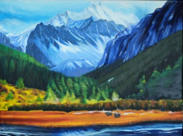 Painting titled "The sacred mountain" by Sy Chan, Original Artwork, Oil