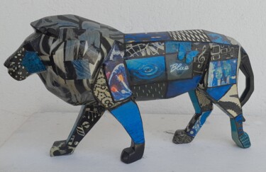 Скульптура под названием "Lion origami bleu" - Siberil Rey, Подлинное произведение искусства, Керамика