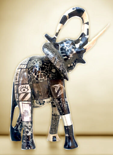 Sculpture intitulée "Eléphant noir et bl…" par Siberil Rey, Œuvre d'art originale, Bois