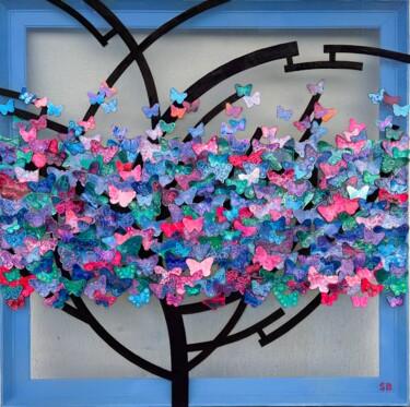 제목이 "Butterflies"인 콜라주 Sibilla Bjarnason로, 원작, 콜라주 나무 들것 프레임에 장착됨